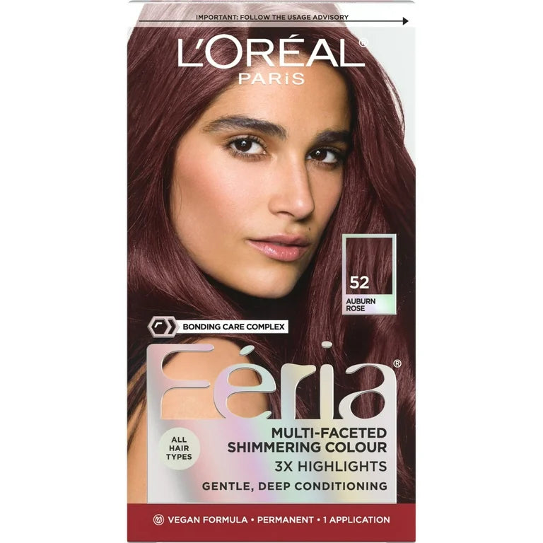 L'Oreal Paris Feria Shimmering Permanent Hair Color, 52 Auburn Rose (Medium Reddish Brown), Unisex, 1 Kit