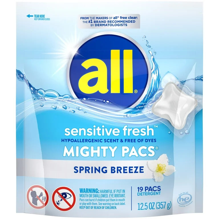 All Sensitive Fresh Mighty Pacs Laundry Detergent Pods, Hypoallergenic Spring Breeze Scent 19 Ct