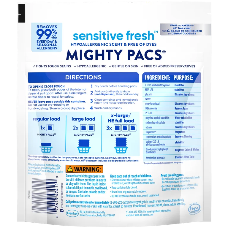 All Sensitive Fresh Mighty Pacs Laundry Detergent Pods, Hypoallergenic Spring Breeze Scent 19 Ct