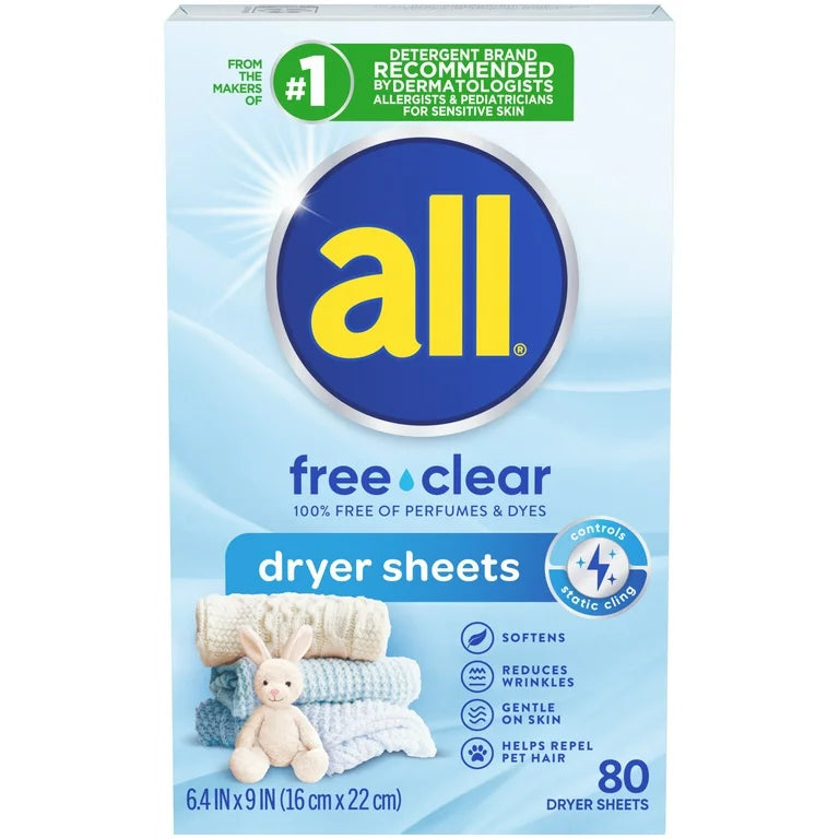 all Dryer Sheets for Sensitive Skin, Free Clear, 80 Count