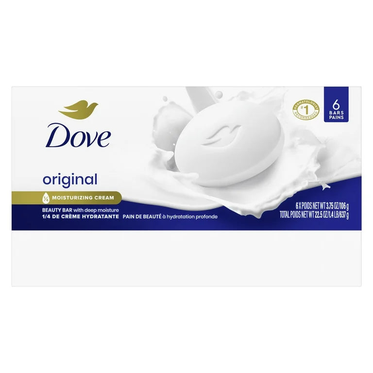 Dove Beauty Bar Soap for Women Original with 1/4 Moisturizing Cream All Skin, 3.75 oz 6 Bars