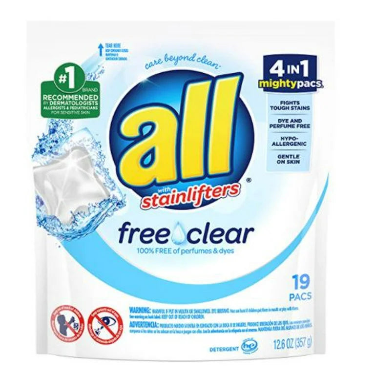 Paquetes de detergente para ropa All Mighty Pacs, Free Clear para pieles sensibles, sin fragancia ni colorantes, 19 unidades