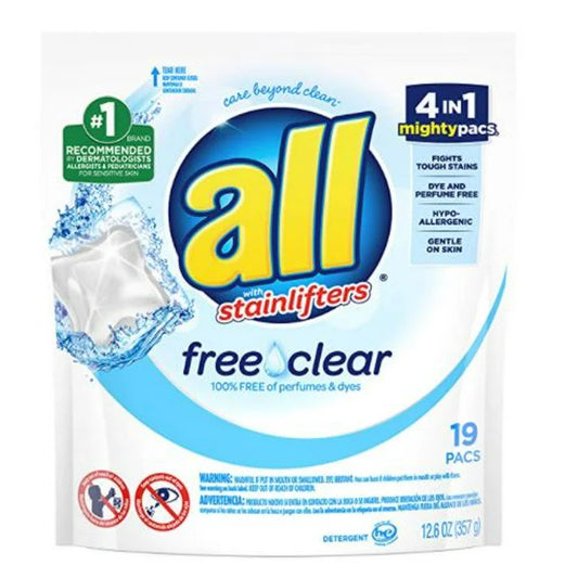 all Mighty Pacs Laundry Detergent Pacs, Free Clear for Sensitive Skin, Unscented and Dye Free, 19 Count