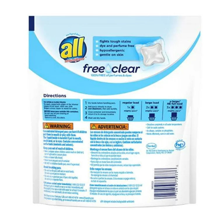 Paquetes de detergente para ropa All Mighty Pacs, Free Clear para pieles sensibles, sin fragancia ni colorantes, 19 unidades