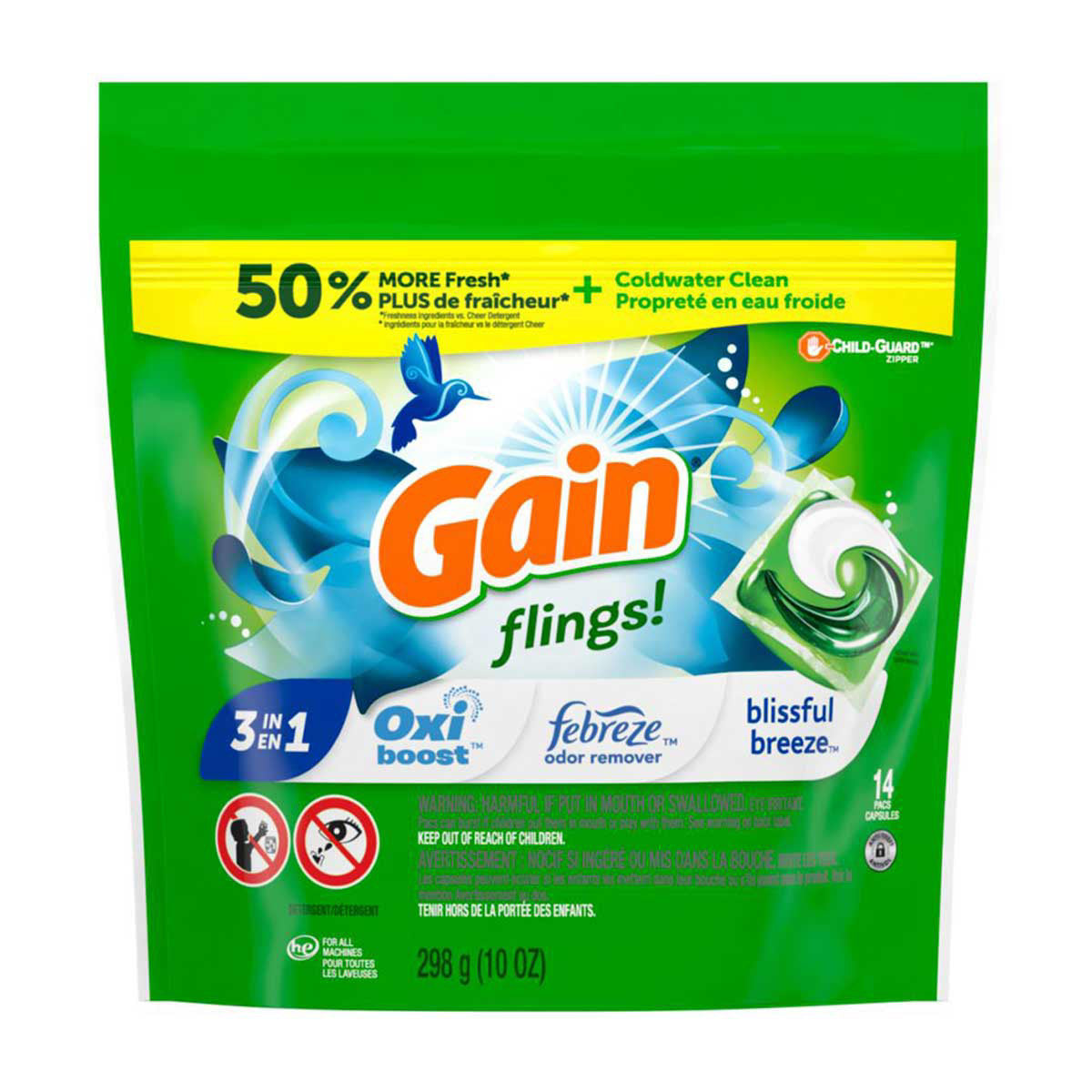 Paquetes de detergente para ropa Gain Flings HE compatibles, aroma a brisa agradable, 14 unidades