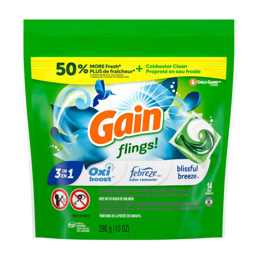 Gain Flings HE Compatible Laundry Detergent Pacs - Blissful Breeze Scent, 14 ct