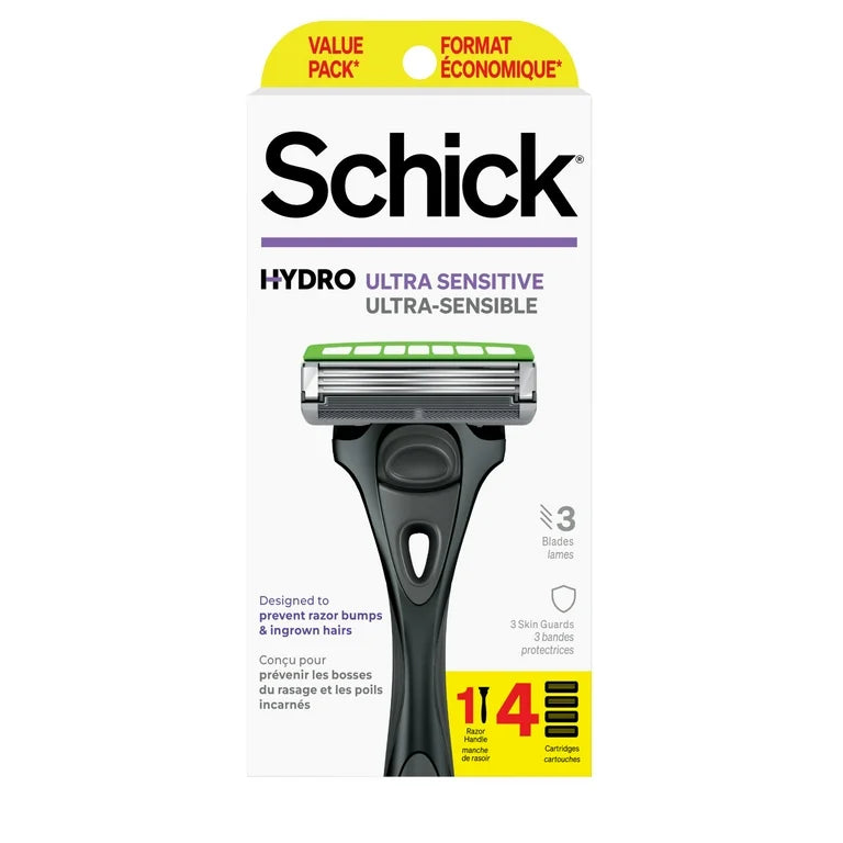 Schick Hydro Ultra Sensitive Razor, 1 Razor Handle with 4 Razor Refills, 3 Blade Razor