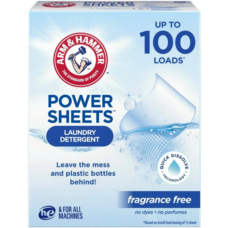 ARM & HAMMER Power Sheets Laundry Detergent, Fragrance Free, Laundry Detergent Sheets, 50 Count