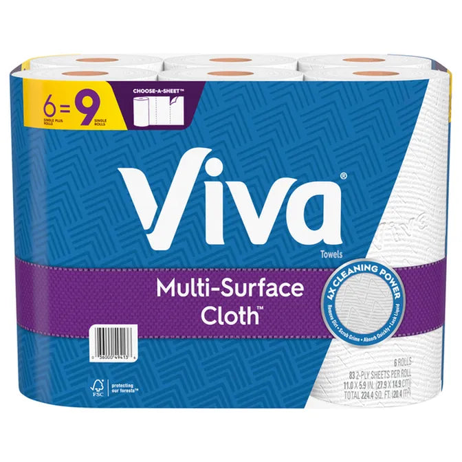 Viva Multi-Surface Cloth Paper Towels 6 Big Rolls = 9 Regular Rolls