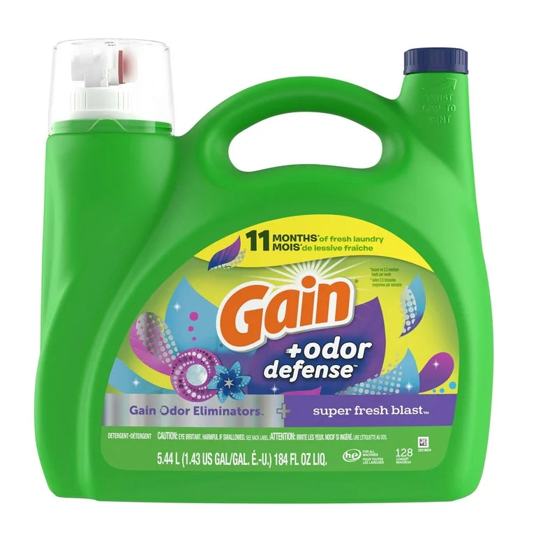 Gain +Odor Defense Liquid Laundry Detergent, Super Fresh Blast Scent, 184 fl oz, 128 Loads