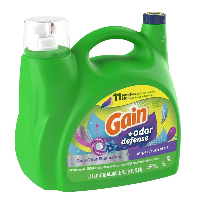 Detergente líquido para ropa Gain +Odor Defense, aroma Super Fresh Blast, 184 fl oz, 128 cargas