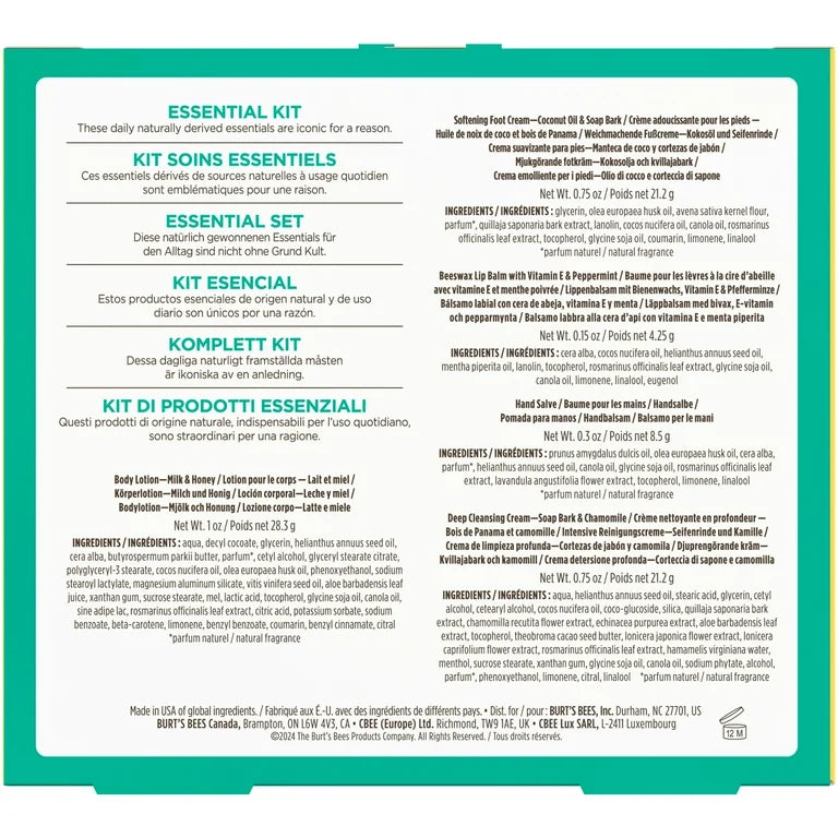 Burts Bees Essential Gift Set, Cleansing Cream, Hand Salve, Body Lotion, Foot Cream, Lip Balm