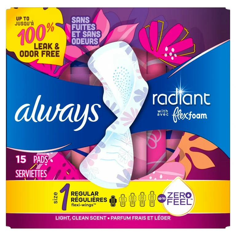 Always Radiant Feminine Pads with Wings, Size 1, Regular Absorbency, Scented, 15 Count