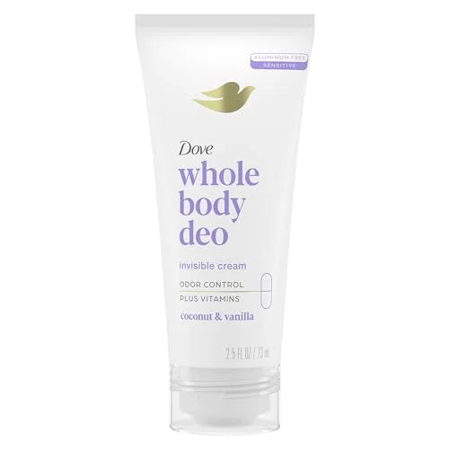 Dove Whole Body Deo Aluminum Free Invisible Cream Deodorant Coconut & Vanilla for 72h Odor Control, 2.5 oz