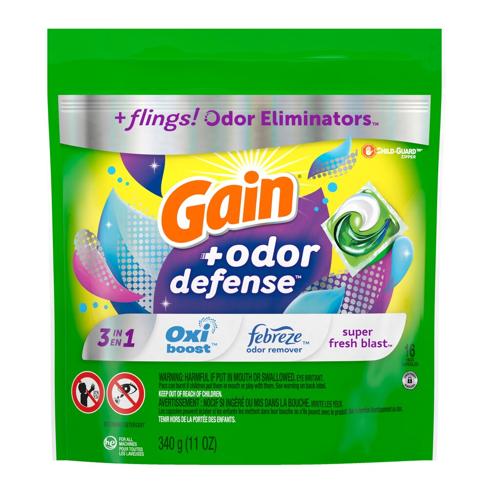 Gain Flings Odor Defense Laundry Detergent Pacs, Super Fresh 16ct