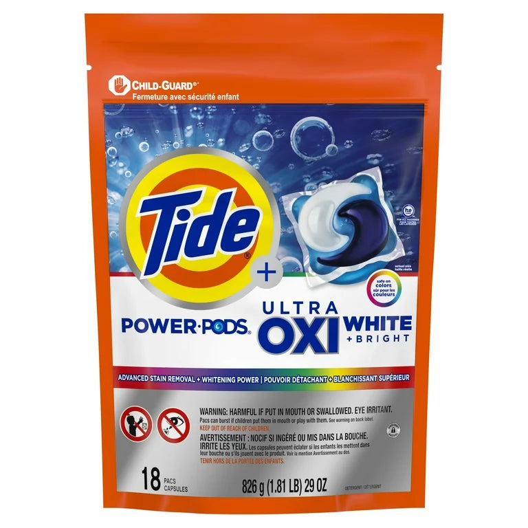 Tide Power PODS Plus Ultra OXI White and Bright Laundry Detergent, Advanced Stain Removal and Whitening Power, 18 Count