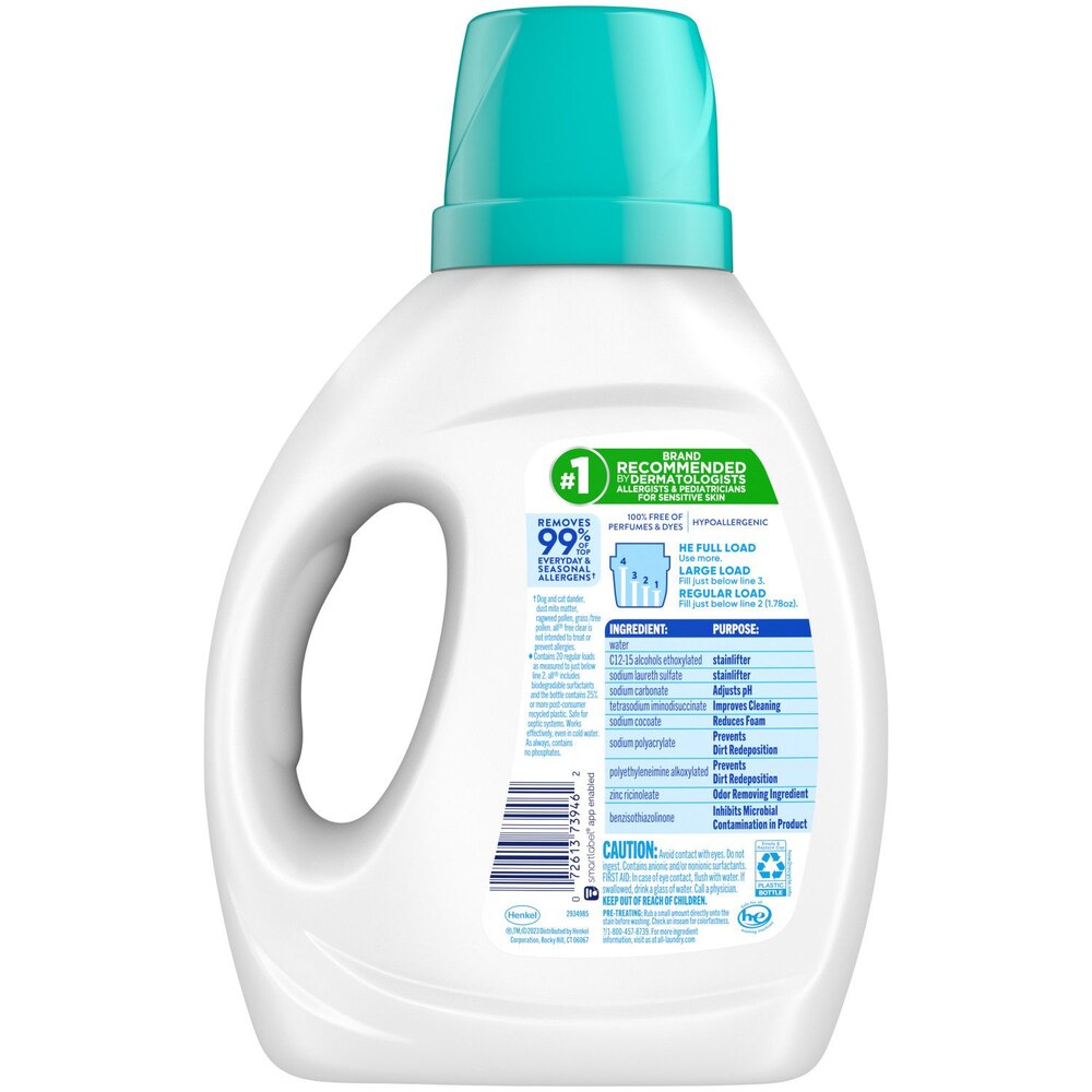 all Liquid Laundry Detergent, Free Clear with Odor Relief, 36 oz, 20 Loads