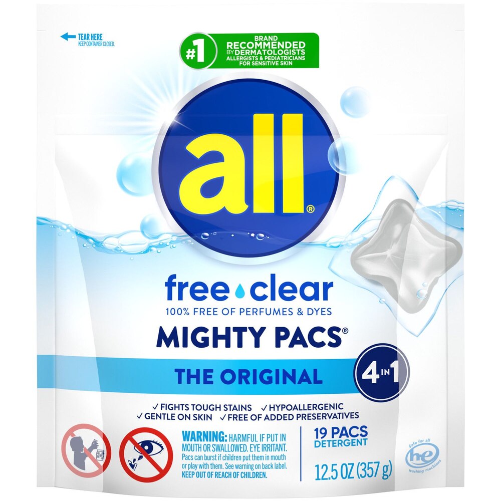 all Mighty Pacs Laundry Detergent Pacs, Free Clear for Sensitive Skin, Unscented and Dye Free, 19 Count