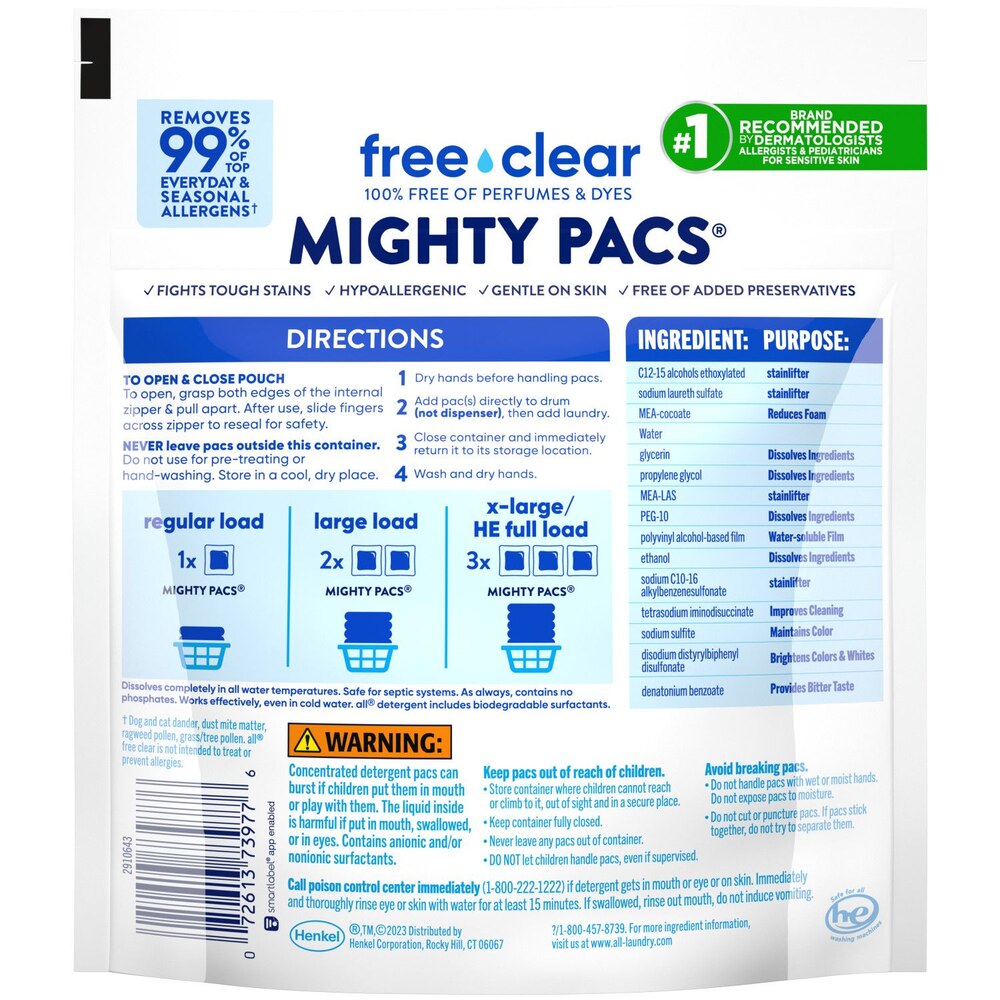 all Mighty Pacs Laundry Detergent Pacs, Free Clear for Sensitive Skin, Unscented and Dye Free, 19 Count