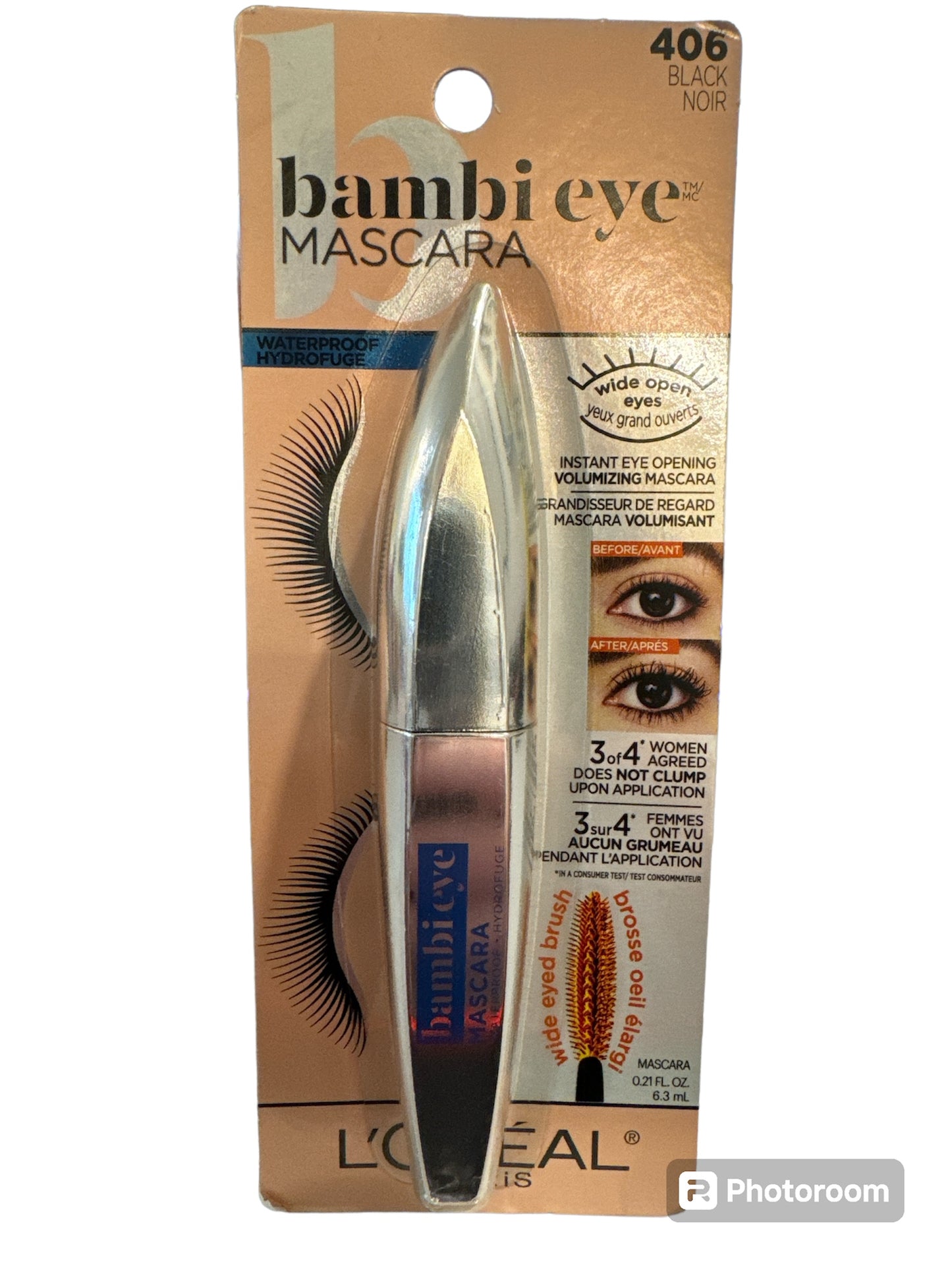 Máscara de pestañas resistente al agua Bambi Eye de L'Oréal Paris, color negro 406