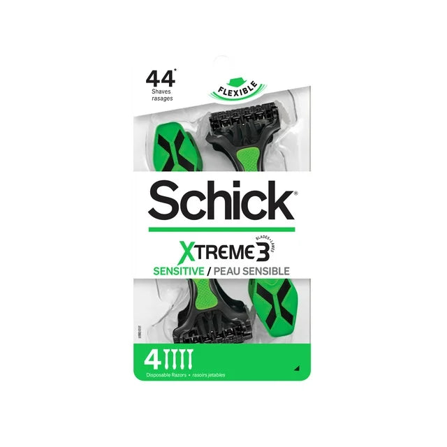 Maquinillas de afeitar desechables para hombres Schick Xtreme de 3 hojas sensibles, 4 unidades, tira Aloe Comfort que protege la piel de la irritación***