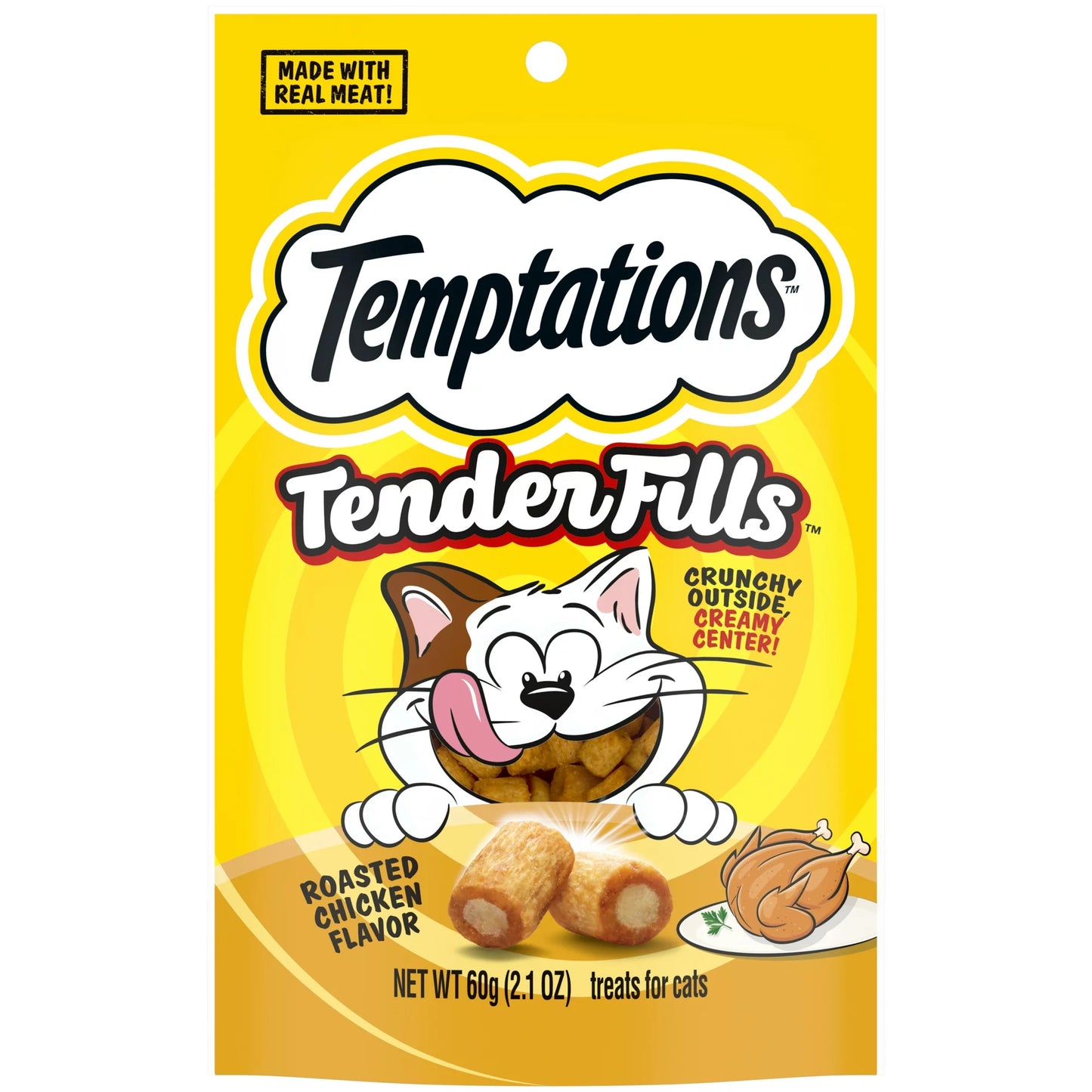 TEMPTATIONS Tender Fills Golosinas masticables blandas con sabor a pollo asado para gatos adultos, bolsa de 2,1 oz