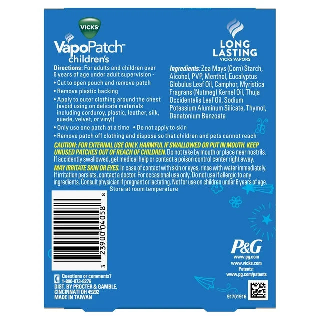 Vicks VapoPatch con vapores Vicks calmantes de larga duración para niños mayores de 6 años, 5 unidades