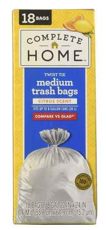 Complete Home Twist Tie Medium Trash Bags Citrus Scented 8 Gallon 18ct