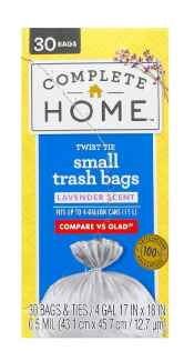 Complete Home Small Twist Tie Trash Bags 4 Gallon Lavender Scented 30ct