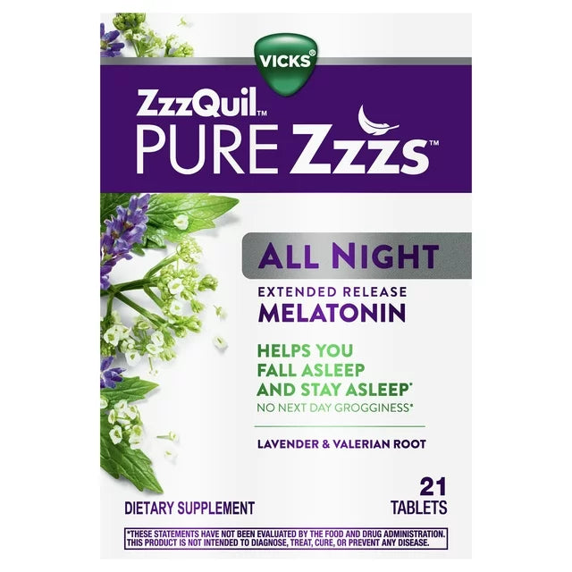 ZzzQuil Pure Zzzs All Night Extended Release Melatonin, Lavender & Valerian Root Tablets - 21 ct***