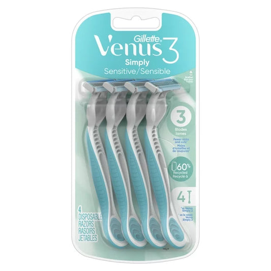 Venus Simply 3 Sensitive Women's Disposable Razors, 4 Count