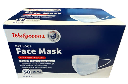 Caja de 50 mascarillas faciales con lazos para las orejas de Walgreens, tamaño pequeño