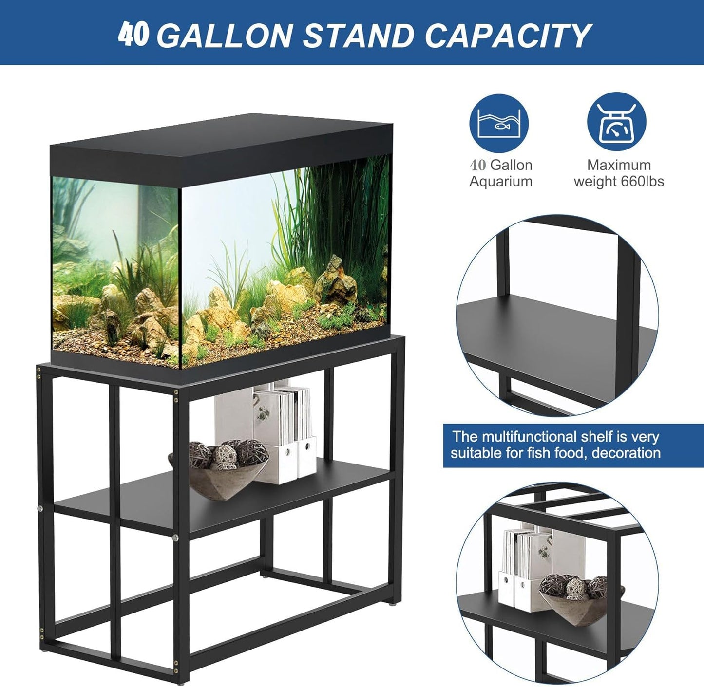 Fish Tank Stand 40 Gallon,Turtle Tank, Double Layer Metal Aquarium Stand with Storage, Turtle Tank/Reptile Terrariums 36.4" x 18.5" x 29.1"